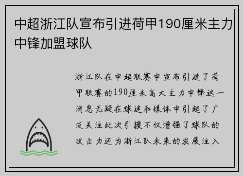 中超浙江队宣布引进荷甲190厘米主力中锋加盟球队